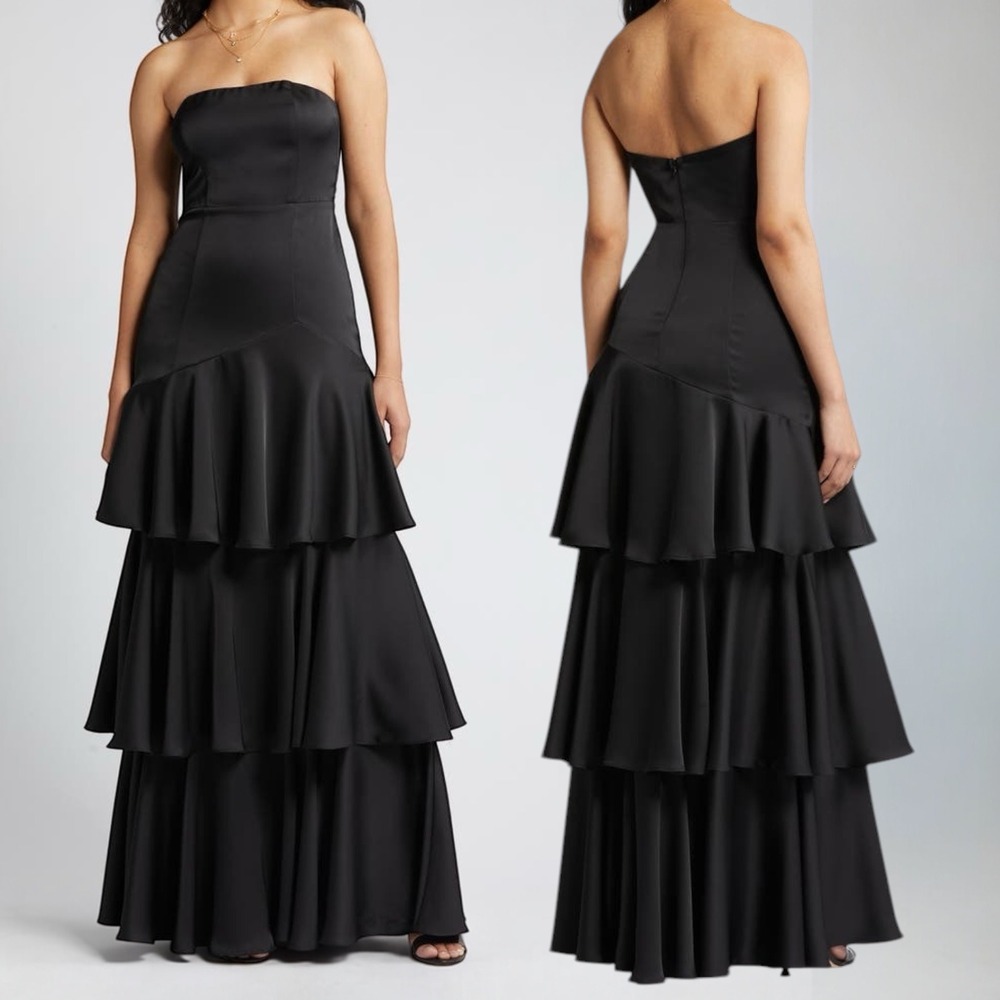 Lulus Blissfully Beautiful Strapless Tiered Satin Gown Maxi Size‎ S Formal Flaw